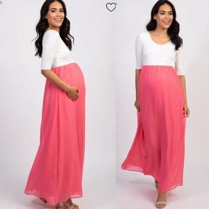 Pinkblush Maternity Dress Maxi Color block Hot Pink and White Chiffon Small